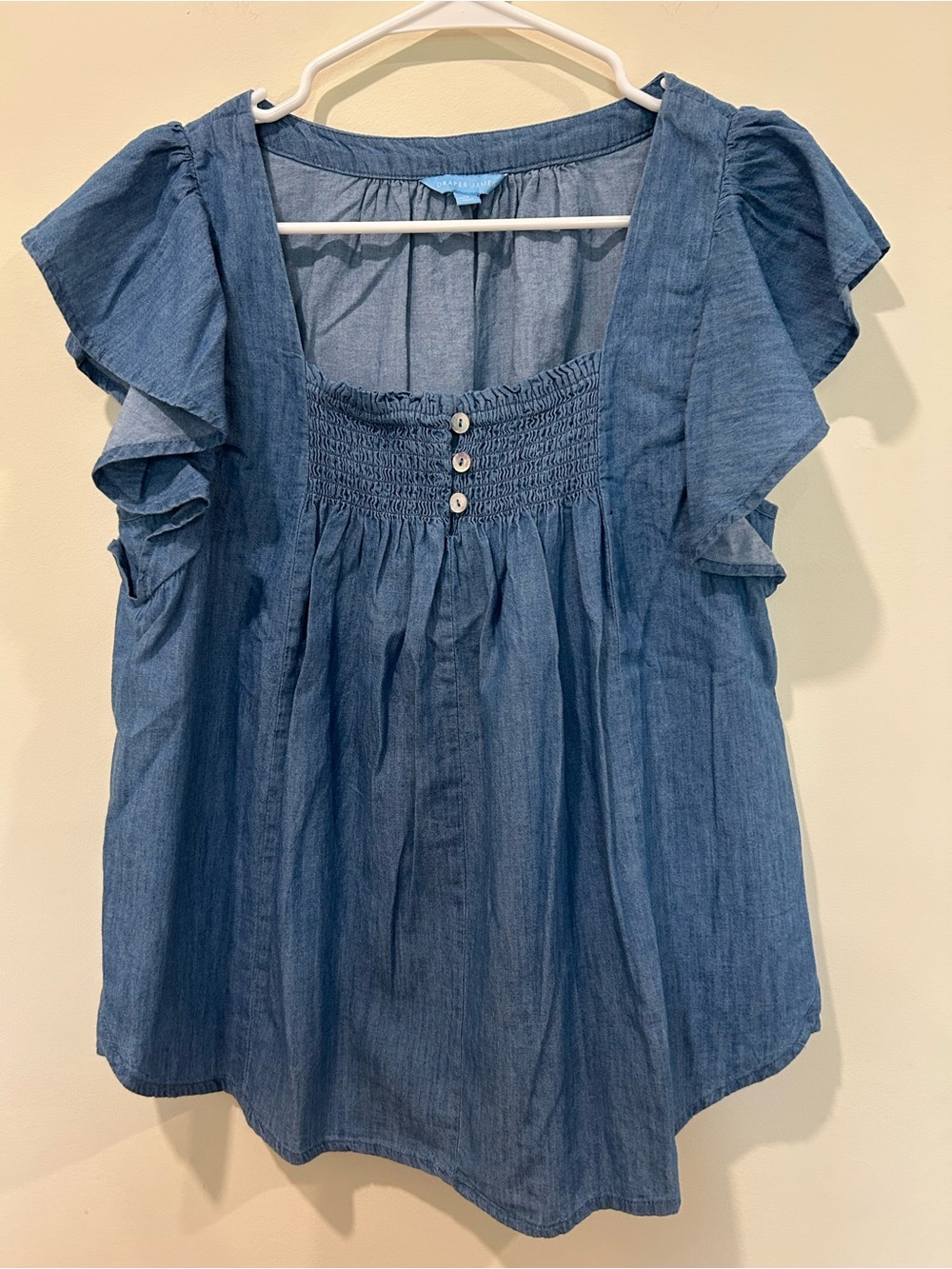 Smocked Square-Neck Flutter Sleeve Top in Light Blue - Picture 2 of 7